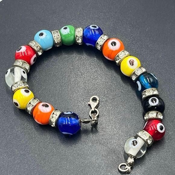 Sterling Silver Evil Eye Multicolor Glass Beads Rhinestone Protection Bracelet - Picture 1 of 10